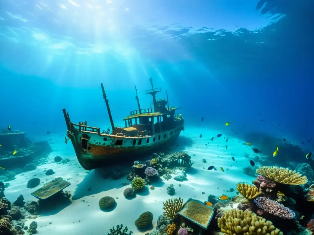 Un impresionante naufragio rodeado de arrecifes de coral vibrantes y vida marina, capturando la belleza misteriosa del patrimonio cultural subacuático