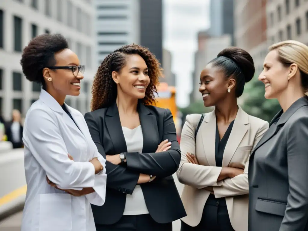 Incorporación femenina en el trabajo: Diversas mujeres trabajando juntas en la ciudad, mostrando empoderamiento y solidaridad profesional