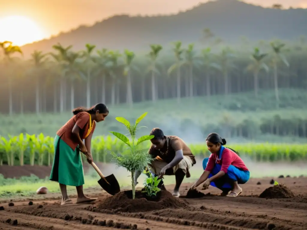 Indígenas plantan árboles al atardecer, simbolizando esperanza y renovación en estrategias de adaptación al cambio climático y derechos humanos