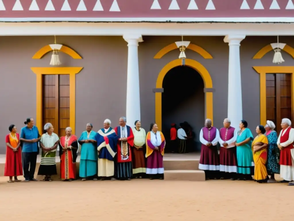 Indígenas participan en ceremonia frente a museo colonial en Restitución del Patrimonio Cultural Colonialismo, con atardecer vibrante al fondo