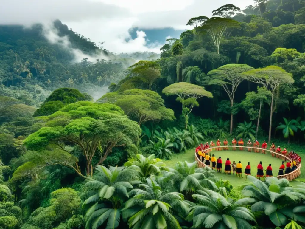 Indígenas en ceremonia, defendiendo territorio en la selva biodiversa