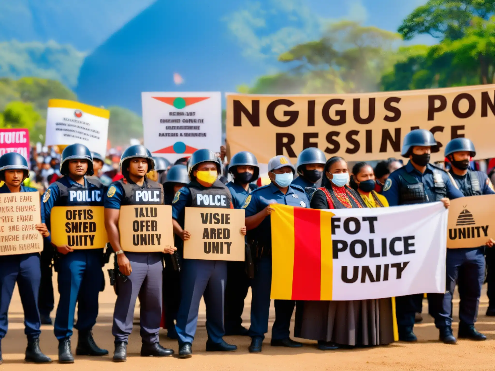 Manifestación de indígenas en conflicto por derechos en TIPNIS, Bolivia, junto a policías armados en la selva