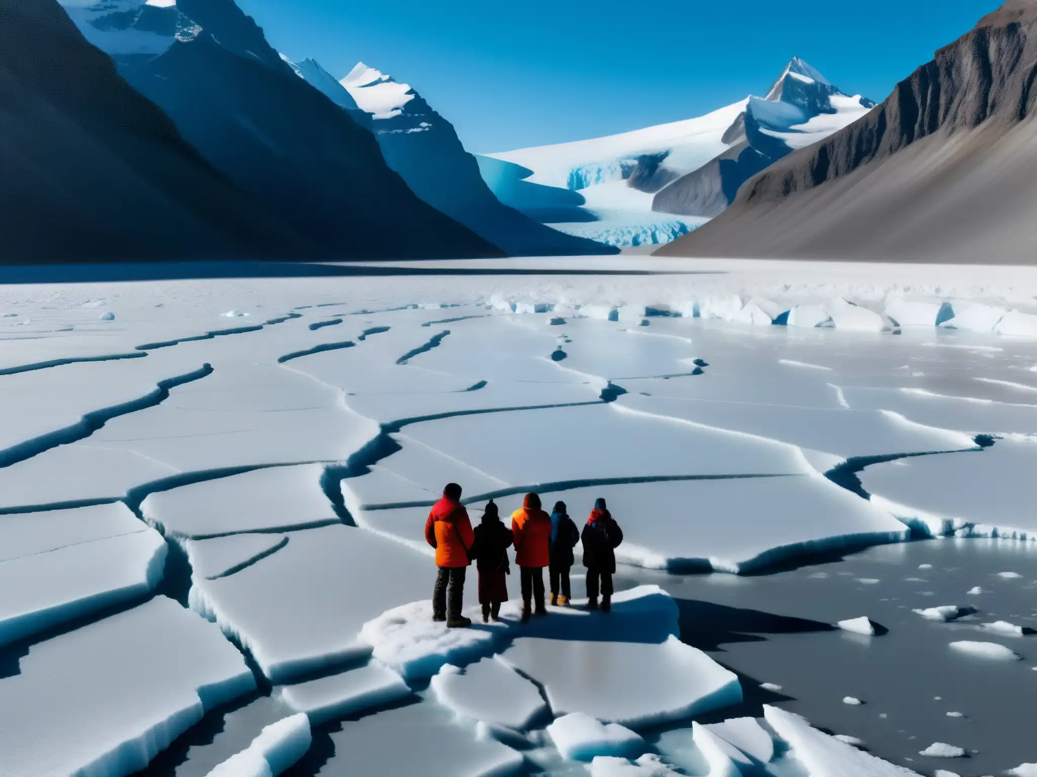 Indígenas en glaciar derretido, expresiones preocupadas, impacto del cambio climático en comunidades vulnerables