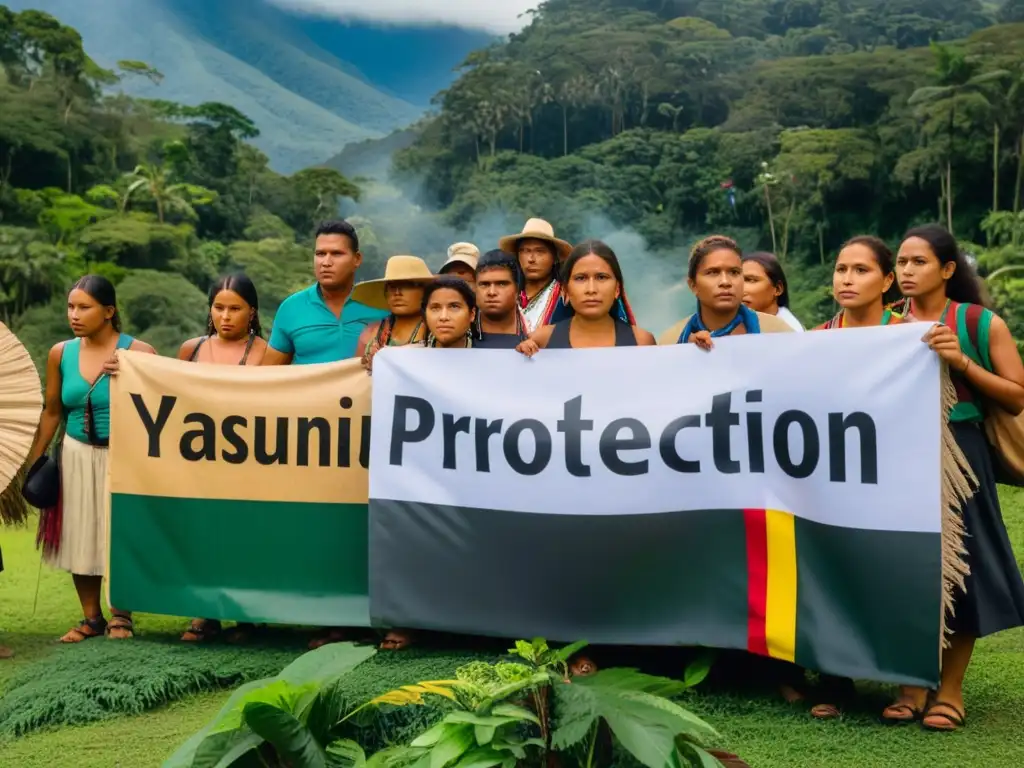 Indígenas en protesta por el Conflicto Parque Yasuní derechos indígenas, rodeados de exuberante vegetación