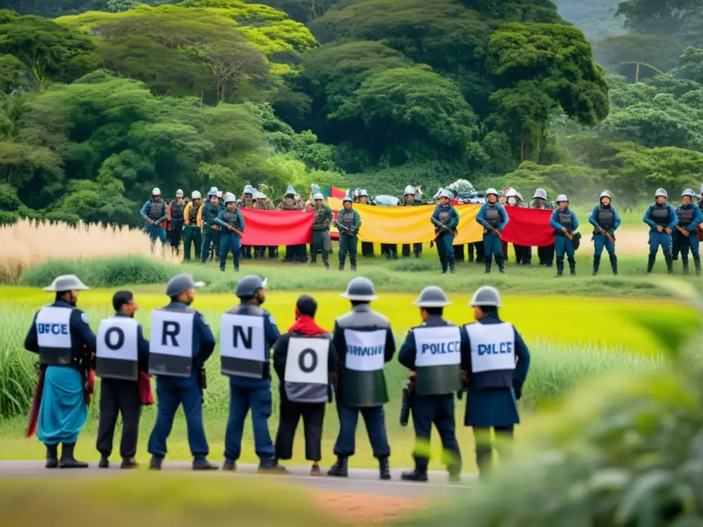 Indígenas en protesta resisten frente a la policía en un paisaje verde, destacando movimientos sociales y resistencia contra explotación minera