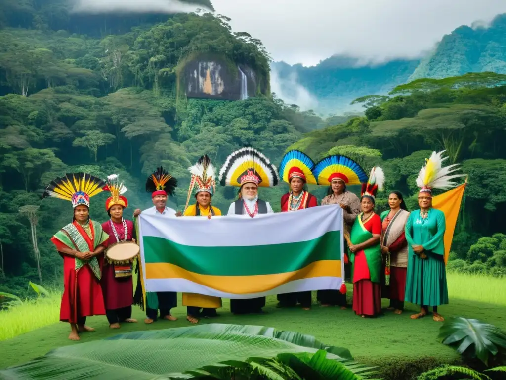 Indígenas protegiendo su territorio en la exuberante selva, con atuendos coloridos y símbolos ancestrales