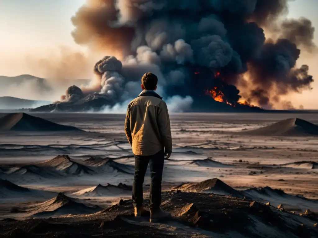 Un individuo enfrenta el impacto psicológico del cambio climático en un paisaje devastado por el humo y la sequía