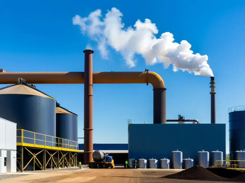 Instalación industrial de tratamiento de desechos con chimeneas emitiendo vapor, rodeada de tuberías y maquinaria