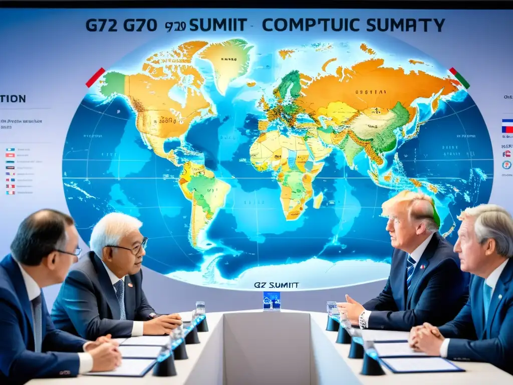 Influencia de cumbres económicas sobre derechos humanos: Líderes mundiales debaten con pasión en la mesa, con mapas y gráficos al fondo