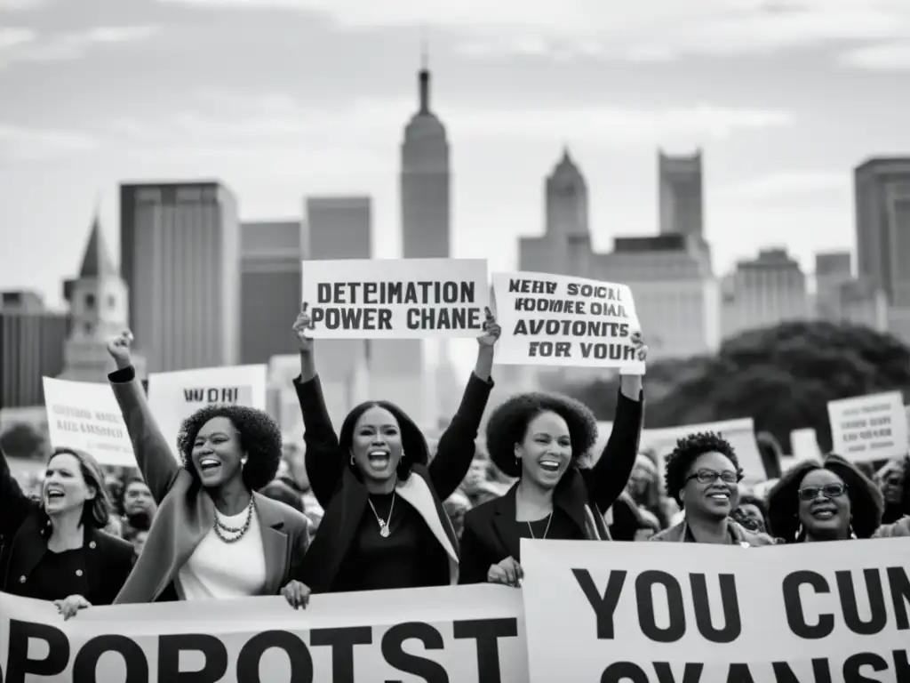 Influencia de la representación femenina: Mujeres diversas protestan con determinación y pasión, rodeadas de seguidores, en un escenario urbano