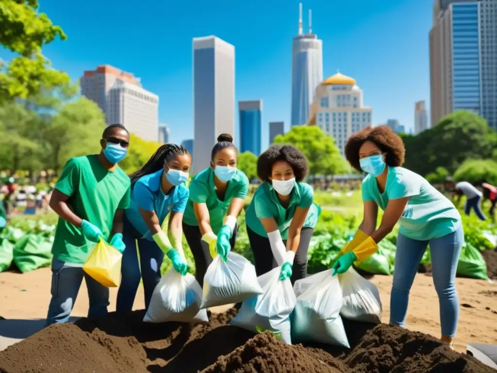 Iniciativas de activismo ambiental urbano sostenible: Activistas limpiando un parque urbano, rodeados de rascacielos y un mural de sostenibilidad