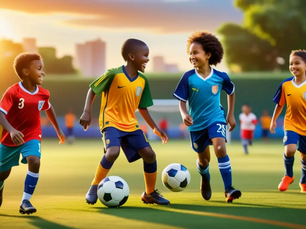 Iniciativas deportivas interculturales y globales: niños de diferentes culturas juegan un amistoso partido de fútbol en un parque urbano vibrante al atardecer, mostrando la unidad intercultural a través del deporte