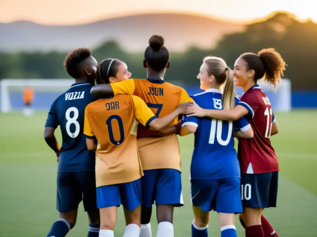 Iniciativas deportivas interculturales y globales: Jóvenes atletas de diversas culturas unidos en el campo de fútbol, mostrando armonía y diversidad