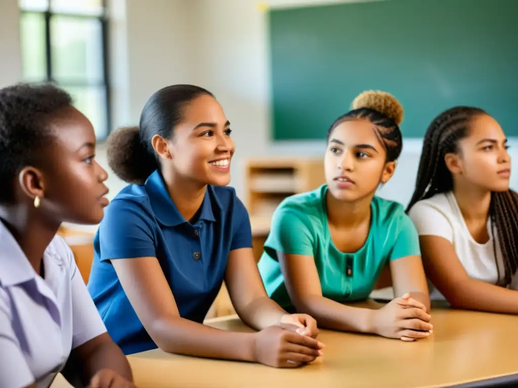 Iniciativas educativas para la igualdad: Jóvenes mujeres diversas participan activamente en una inspiradora discusión en un aula moderna y dinámica