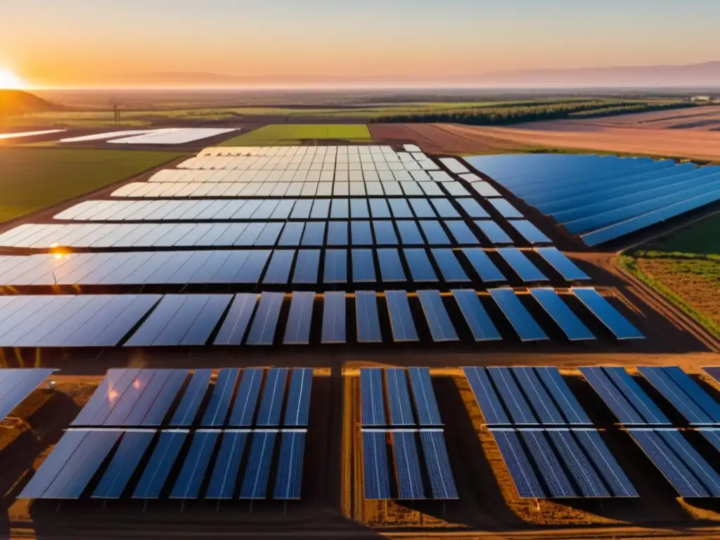 Innovaciones tecnológicas y cambio climático: planta solar al atardecer con trabajadores y paneles solares en contraste con la naturaleza