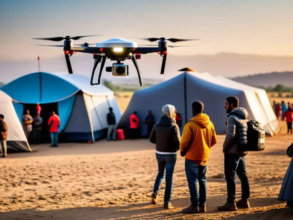 Innovaciones tecnológicas para refugiados: entrega de suministros con dron en un campo de refugiados, mostrando impacto humanitario real