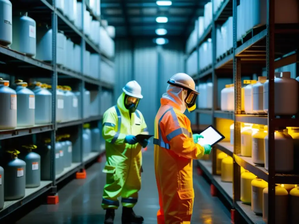 Inspectores en trajes de hazmat examinan contenedores químicos en almacén