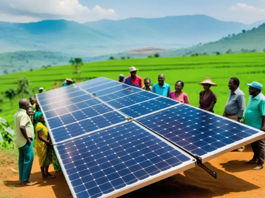 Una instalación de paneles solares en una comunidad rural, con miembros ajustando paneles y discutiendo los beneficios de la tecnología limpia para los derechos humanos y el empoderamiento comunitario