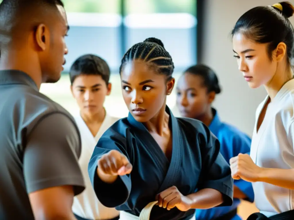 Un instructor de artes marciales guía a estudiantes diversos en técnicas de defensa personal, destacando el empoderamiento y determinación