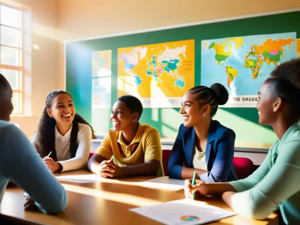 Integración educativa adolescentes desplazados: Clase vibrante, estudiantes participativos en un aula acogedora con luz cálida y murales educativos