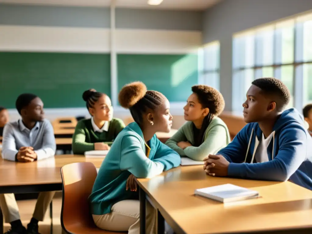 Integración educativa: adolescentes desplazados participan activamente en una clase acogedora y cálida, junto a su atento profesor