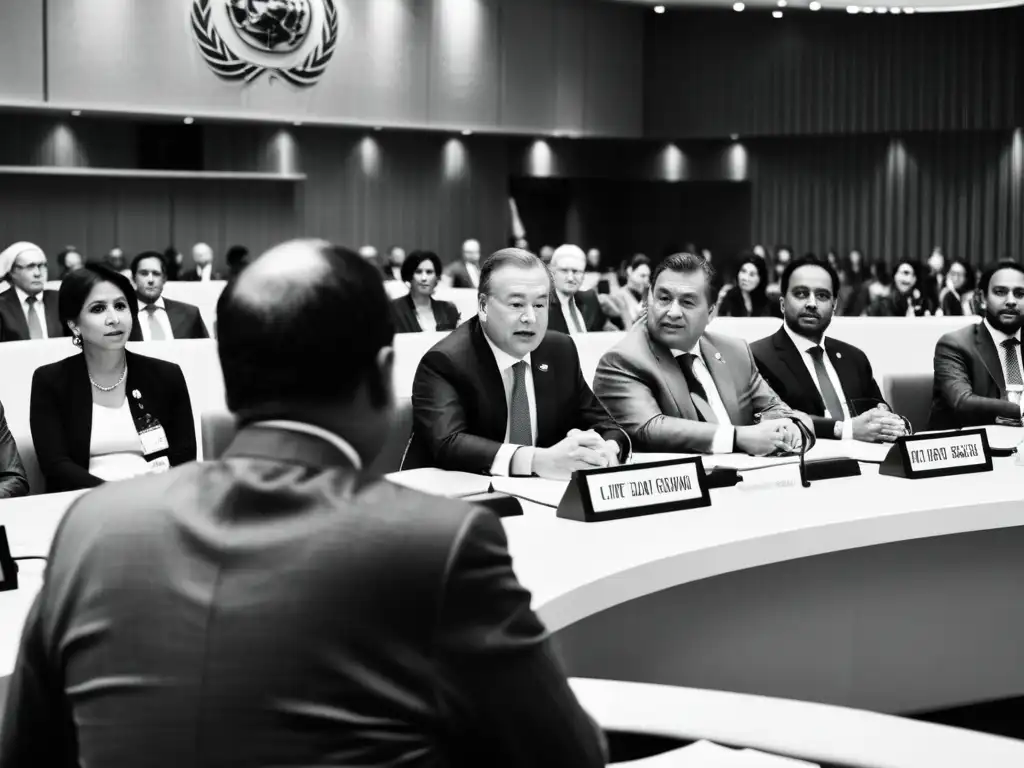 Conmovedora reunión del Consejo de Derechos Humanos de la ONU Intensa discusión en el Consejo de Derechos Humanos de la ONU, con delegados de diferentes países expresando diversas emociones en blanco y negro