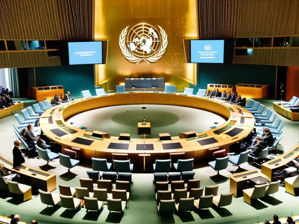 Consejo de Derechos Humanos de la ONU en sesión Intensa discusión en el Consejo de Derechos Humanos de la ONU, con representantes de diversos países debatiendo apasionadamente