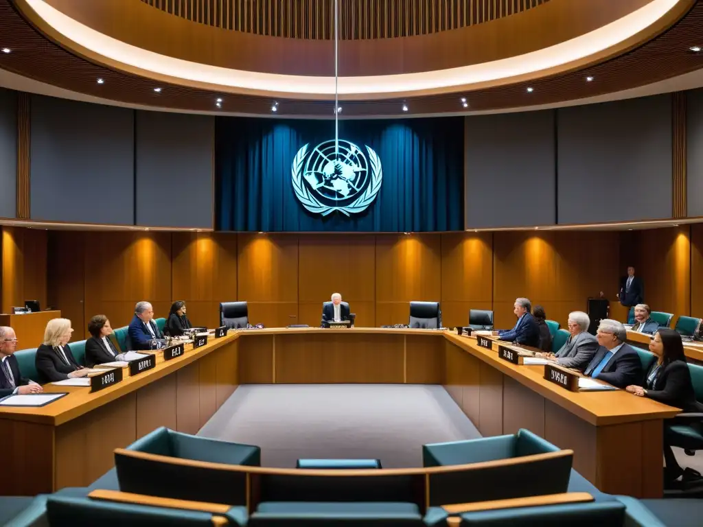 Intensa escena en tribunal internacional abordando desafío justicia internacional armas químicas, con abogados, jueces y testigos