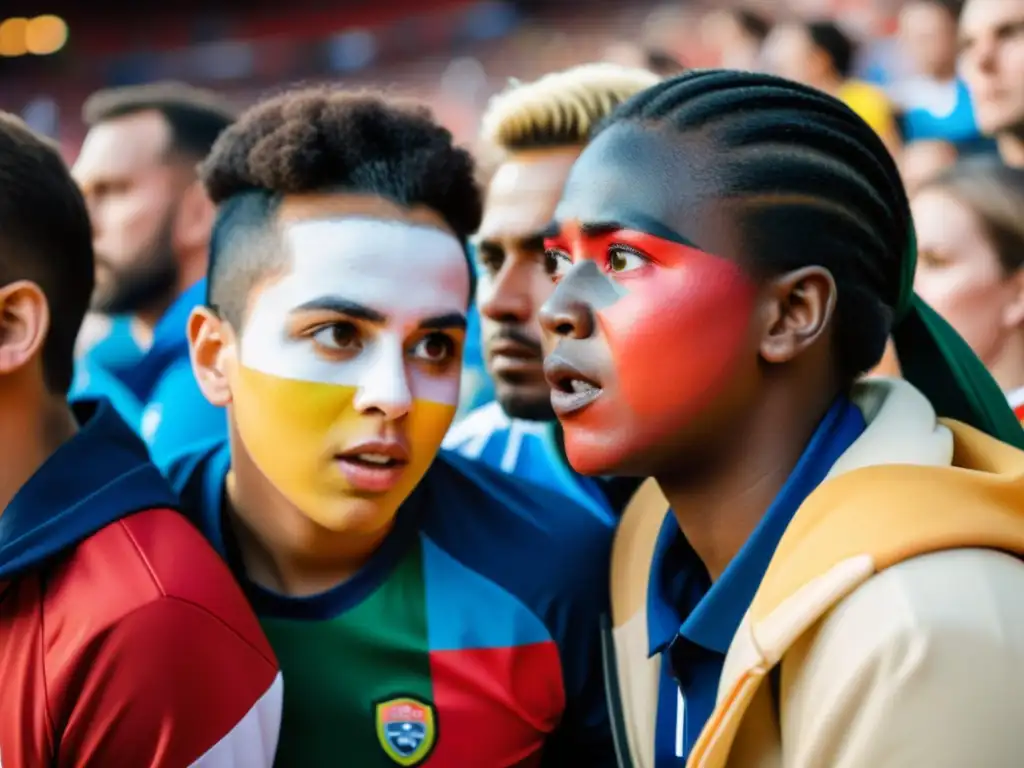 Un intenso debate entre aficionados de fútbol con rostros pintados, reflejando la tensión y emoción en un estadio