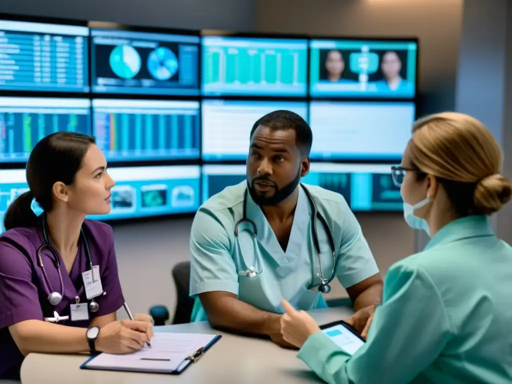 Un intenso debate sobre Ética de la inteligencia artificial médica entre profesionales de la salud en una sala de conferencias hospitalaria