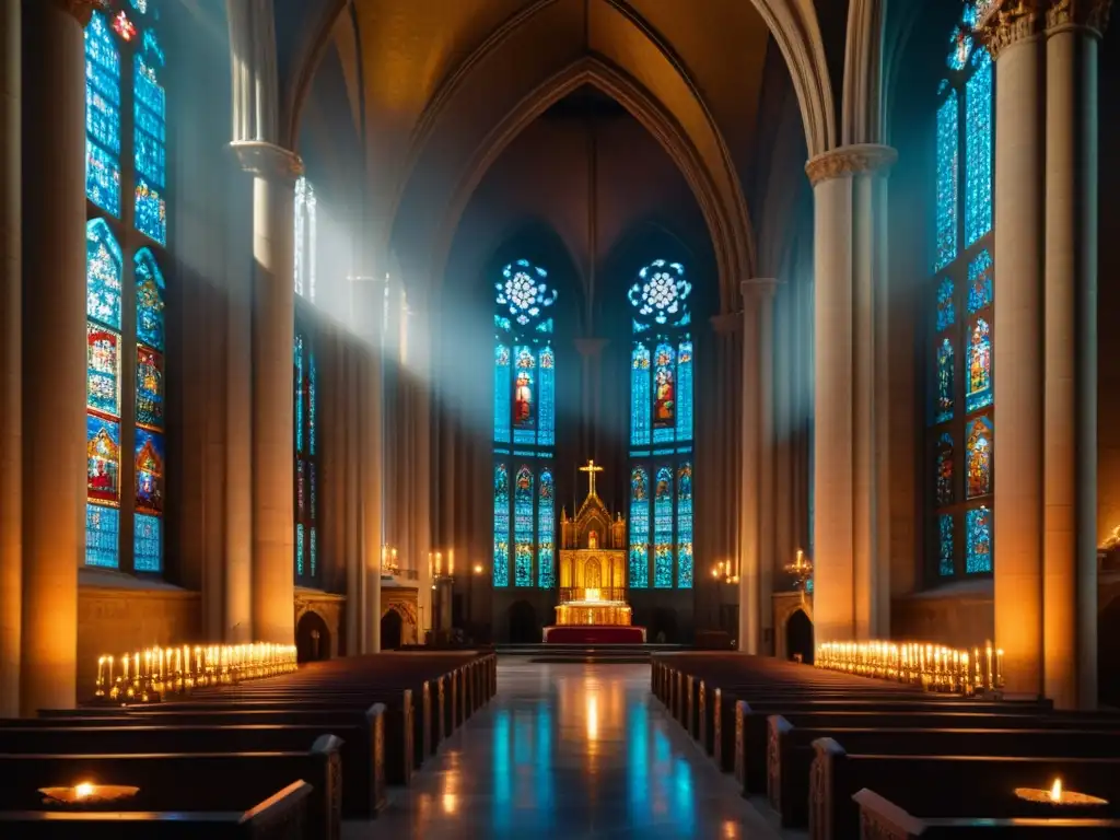 Interior de catedral iluminado por velas con arte sacro, libertad de culto y derechos religiosos