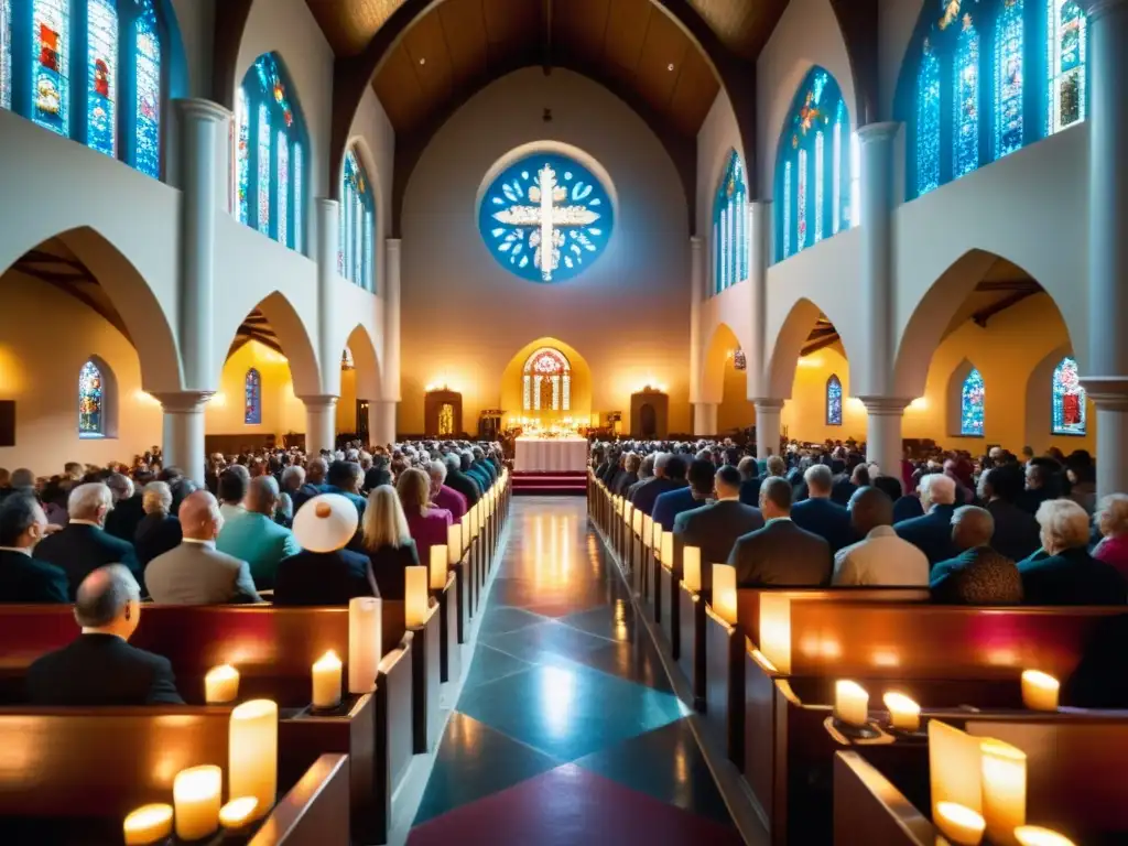 Interior de iglesia ornamentada y concurrida, con fieles participando en un ritual religioso bajo regímenes autoritarios