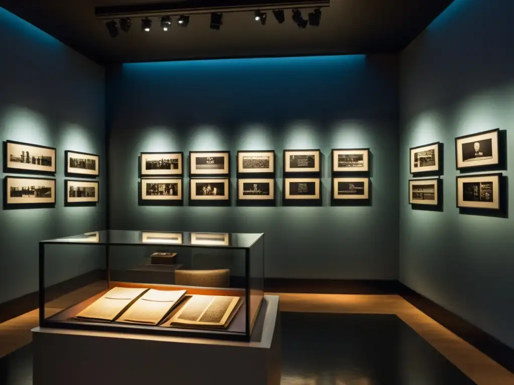 Interior de museo postdictadura: exhibición emotiva de artefactos y fotografías, evocando reflexión y memoria
