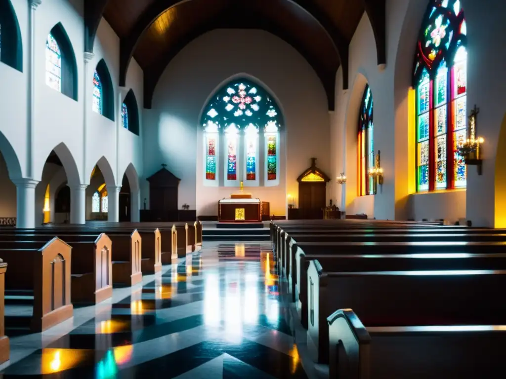 Interior solemne de una iglesia con luz filtrándose a través de vitrales, creando patrones coloridos en el suelo de piedra