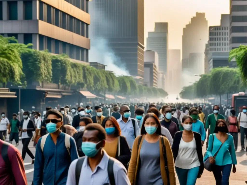 Intersecciones críticas derechos humanos ambientales: paisaje urbano con contaminación, personas usando mascarillas y calles atestadas