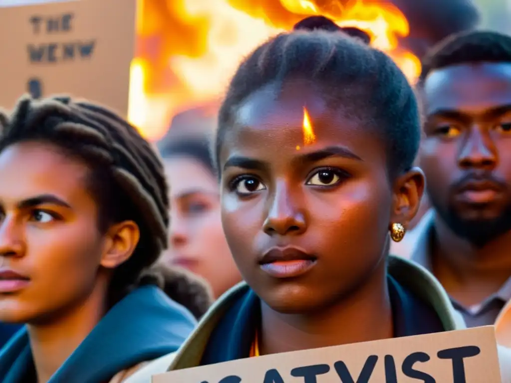 Joven activista iluminado por fogata en protesta por cambio climático, reflejando determinación y pasión