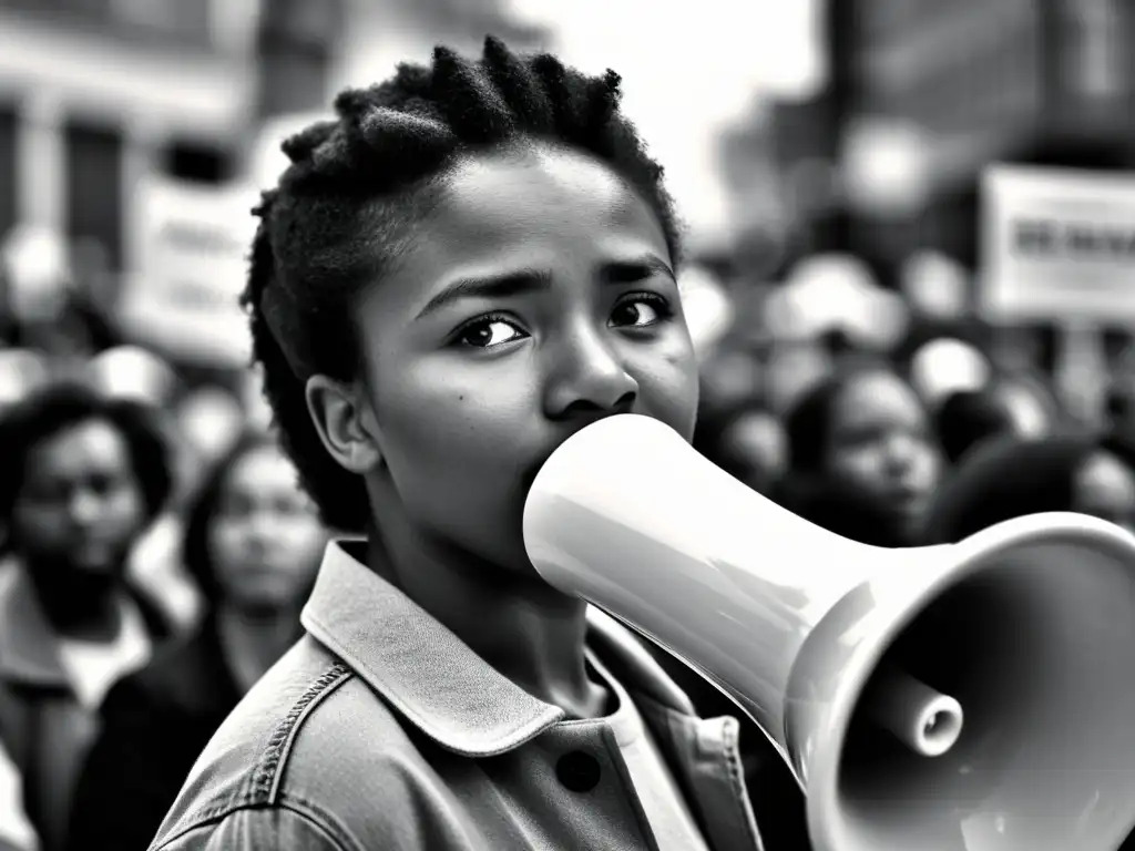 Joven activista con megáfono frente a multitud borrosa, reflejando determinación y esperanza en manifestación por superación personal en el cine