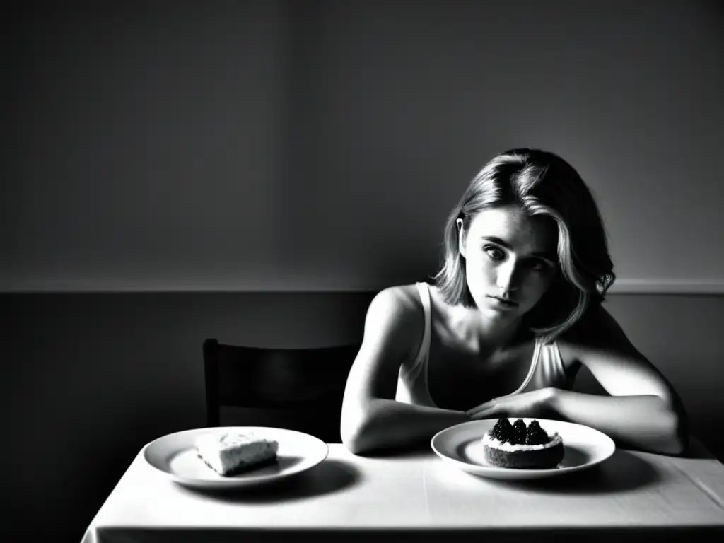 Joven anoréxica sola en mesa con comida sin tocar, reflejando problemas de derechos humanos relacionados con anorexia