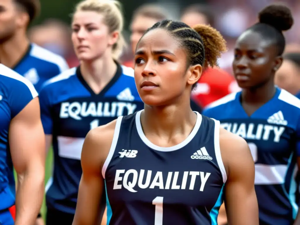 Un joven atleta con expresión determinada lleva una camiseta con las palabras 'Igualdad' y 'Unidad'