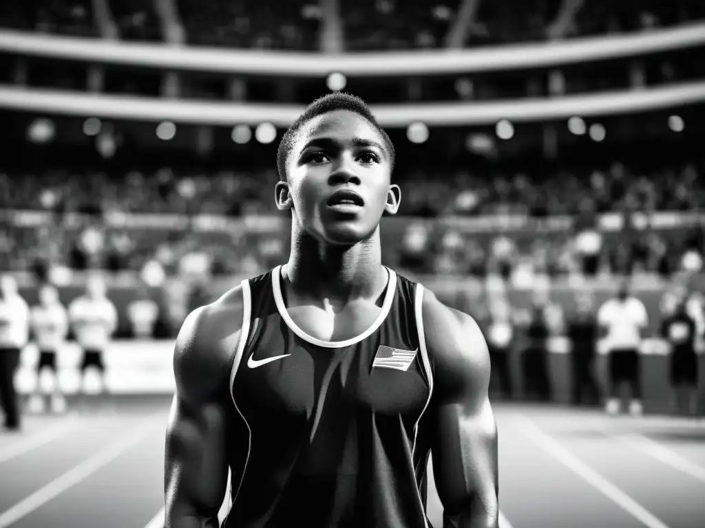 Joven atleta humilde enfrentando prejuicios en el deporte, listo para competir ante una multitud diversa en un estadio