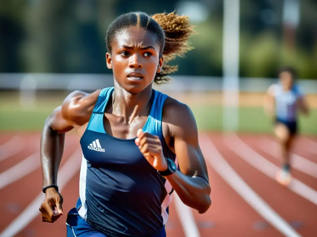 Un joven atleta entrena con determinación en la pista, rodeado de otros deportistas y mentores