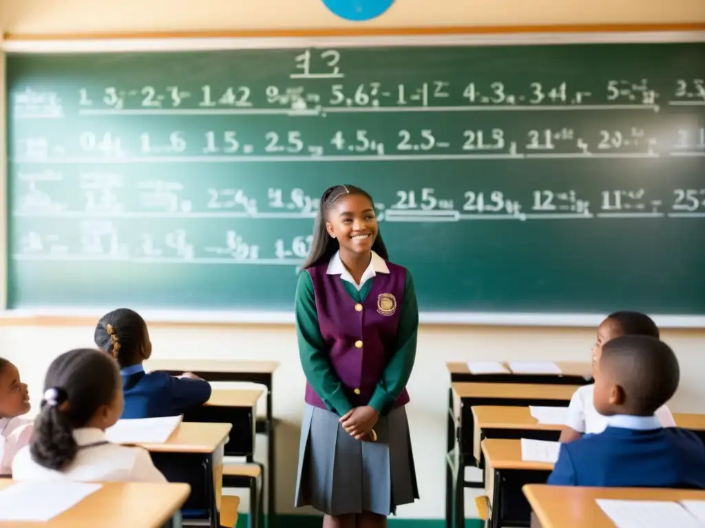 Empoderamiento femenino en el aula: Participación activa en la educación Joven participa activamente en clase, junto a sus compañeras y una profesora alentadora, simbolizando la educación femenina en países en desarrollo