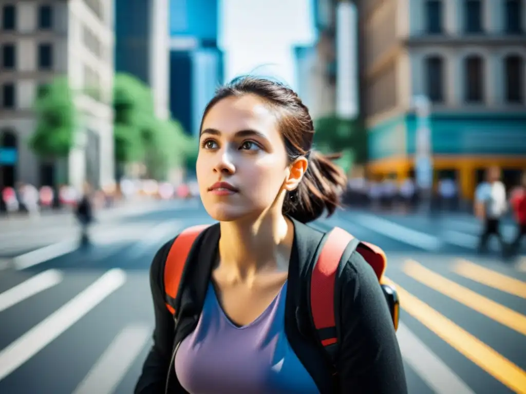 Una joven con discapacidad visualmente segura en la ciudad, simbolizando la doble discriminación por discapacidad y género, luchando con determinación