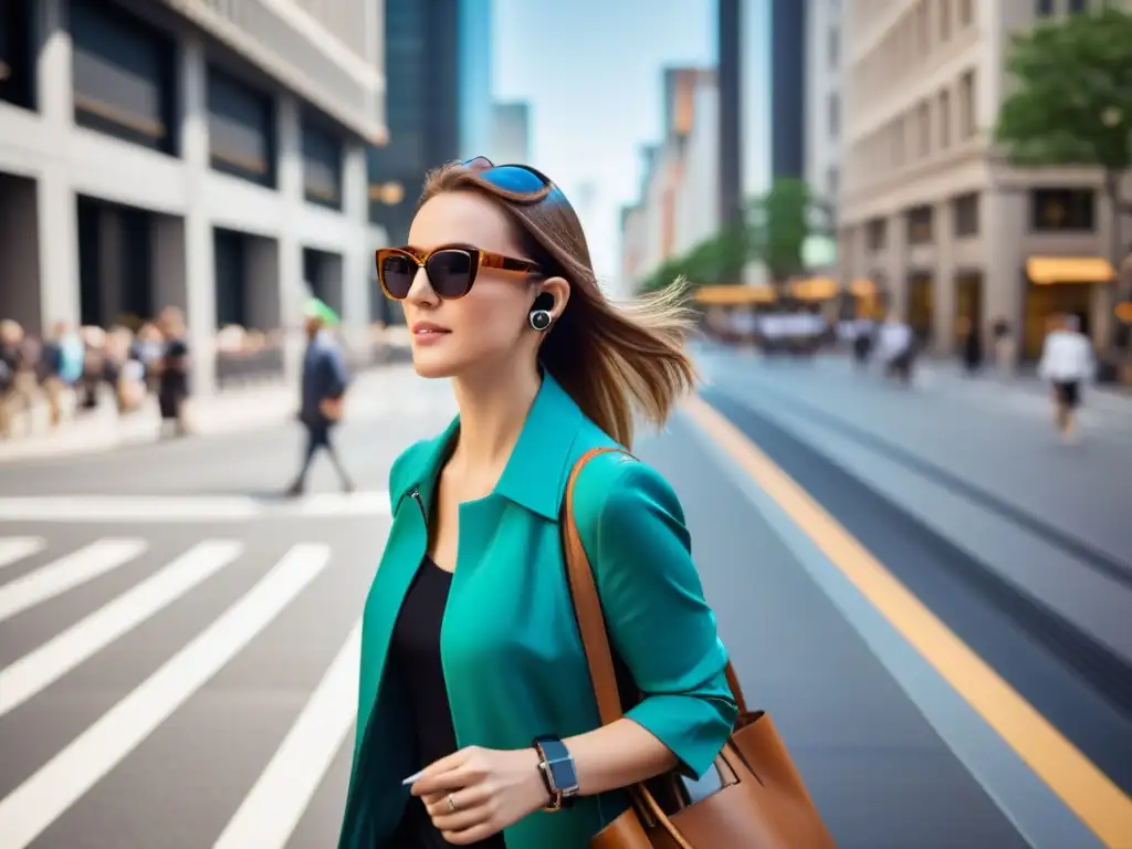 Una joven con discapacidad visual utiliza con confianza tecnología empoderadora en una concurrida calle de la ciudad