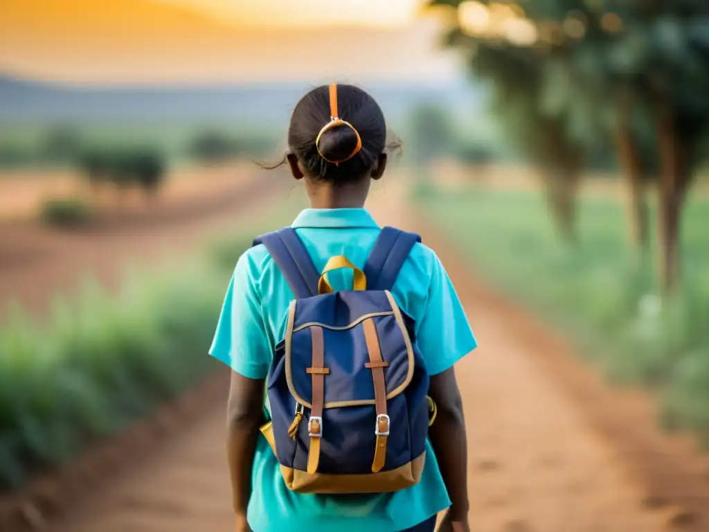 Una joven camina hacia la escuela en un entorno rural, desafiando la brecha de género en educación con determinación y esperanza