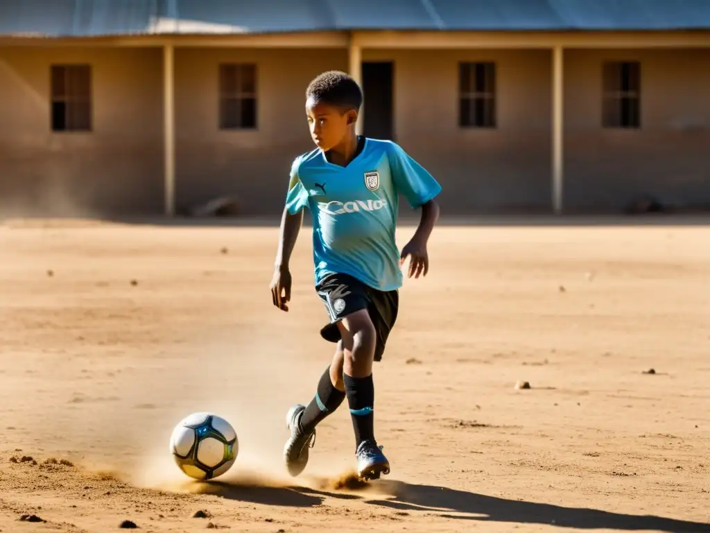 Un joven futbolista de origen humilde practica con determinación en un campo polvoriento, demostrando su pasión a pesar de las dificultades