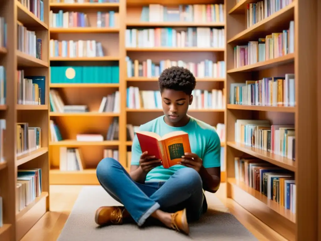 Joven leyendo entre libros coloridos, reflejando la libertad de expresión en literatura juvenil