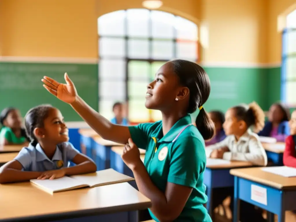 Una joven levanta la mano en clase, rodeada de compañeros diversos y una maestra solidaria