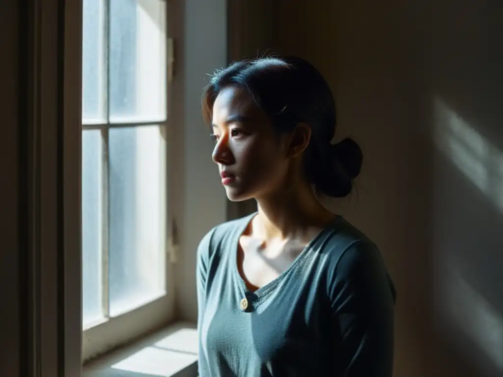 Una joven de pie en una habitación tenue, mirando por la ventana con expresión pensativa, rodeada de soledad y melancolía