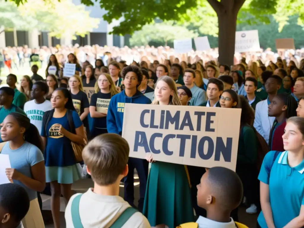 Jóvenes activistas en un bullicioso patio escolar, escuchando a un orador sobre el activismo climático